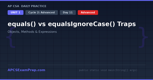 AP CSA Unit 1 Day 11: equals() vs equalsIgnoreCase() Traps - Daily Practice Question