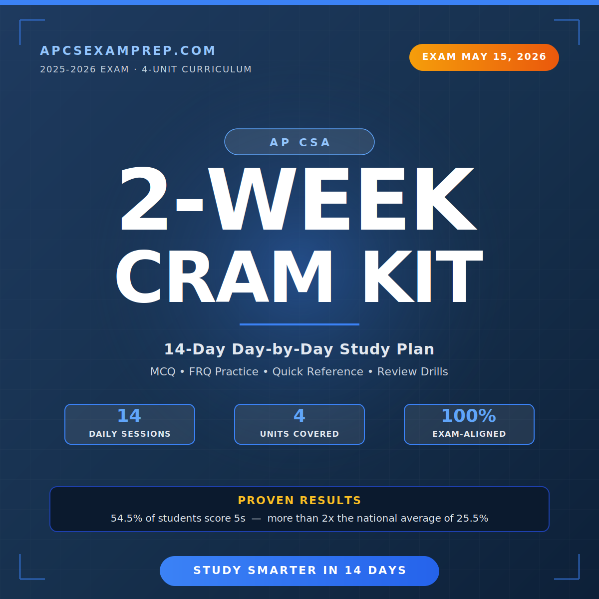 AP CSA 2-Week Cram Kit | Day-by-Day Study Plan | 2025-2026 Exam