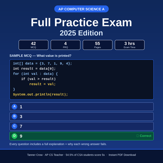 AP CSA Full Practice Exam 2025 | 42 MCQ + 4 FRQ with Answer Key
